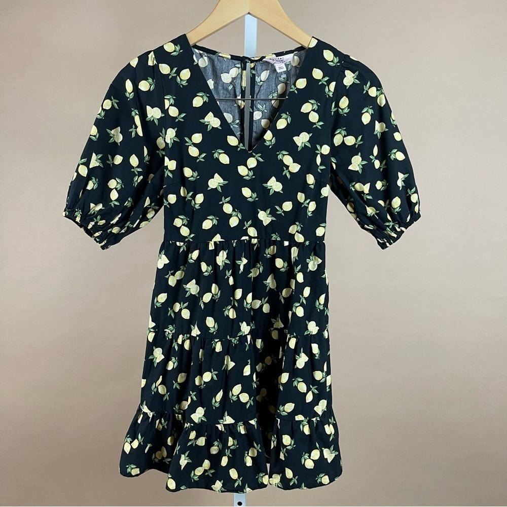 Miss Selfridge Petite 0 Poplin Mini Dress Lemons Puff Sleeve Ruffle Boho Cottage
